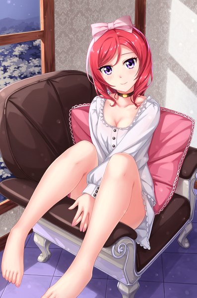 Anime picture 860x1300 with love live! school idol project sunrise (studio) love live! nishikino maki tucana single tall image looking at viewer blush short hair smile sitting purple eyes red hair barefoot bare legs girl dress bow hair bow