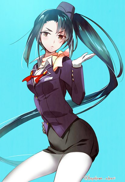 Anime picture 733x1070 with kantai collection nachi heavy cruiser hayakawa akari single long hair tall image looking at viewer blush black hair simple background ponytail very long hair hand on hip side ponytail blue background stewardess girl skirt gloves uniform
