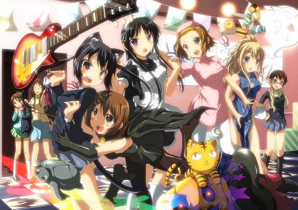 Anime picture 1600x1128 with k-on! kyoto animation akiyama mio hirasawa yui nakano azusa kotobuki tsumugi tainaka ritsu long hair blush short hair breasts blue eyes black hair blonde hair brown hair purple eyes twintails multiple girls brown eyes animal ears