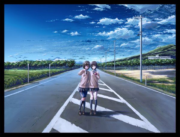 Anime picture 1200x914 with original bokuden short hair black hair multiple girls sky cloud (clouds) border girl 2 girls serafuku apple power lines road