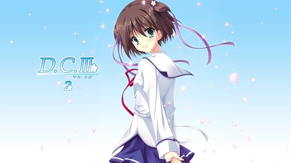 Anime picture 1920x1080 with da capo iii katsuragi himeno takano yuki (allegro mistic) blush highres short hair open mouth brown hair wide image green eyes looking back girl uniform ribbon (ribbons) hair ribbon school uniform petals