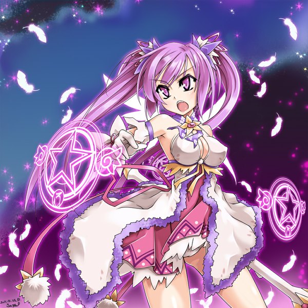Anime picture 1024x1024 with elsword aisha landar ecell (artist) single long hair breasts open mouth light erotic purple eyes looking away purple hair magic girl dress star (symbol) feather (feathers) magic circle