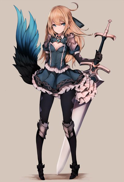 Anime picture 900x1322 with original snm (sunimi) single long hair tall image blush fringe blue eyes simple background blonde hair hair between eyes standing holding looking away cleavage full body ahoge puffy sleeves arm behind back frilly skirt