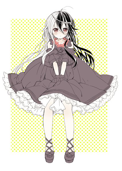 Anime picture 803x1126 with original sakiyo cake single long hair tall image blush black hair white background sitting brown eyes looking away white hair multicolored hair embarrassed yellow background dress gloves hair ornament flower (flowers) choker