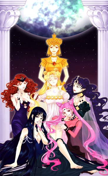 Anime picture 1000x1628 with bishoujo senshi sailor moon toei animation princess serenity black lady queen nehelenia mistress 9 queen beryl sailor galaxia rhineheim long hair tall image blue eyes black hair blonde hair red eyes brown hair standing sitting twintails multiple girls