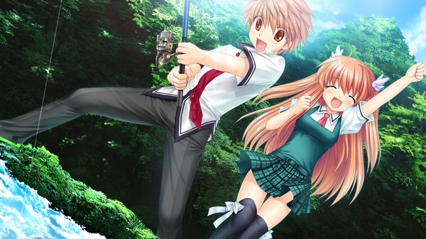 Anime picture 1280x720 with rewrite tagme (character) ootori chihaya long hair blush short hair open mouth blonde hair red eyes wide image game cg orange hair girl thighhighs boy uniform black thighhighs school uniform