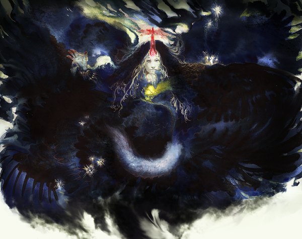 Anime picture 1000x792 with pixiv fantasia wizard and knight yuuki youichi single long hair looking at viewer blonde hair horn (horns) spread arms black wings abstract girl feather (feathers) fireflies