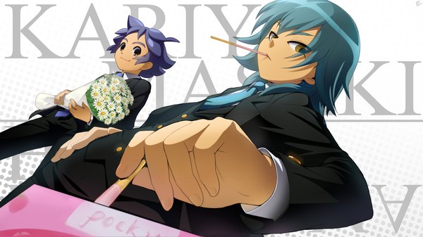 Anime picture 1920x1080 with inazuma eleven inazuma eleven go kariya masaki kageyama hikaru erian highres short hair smile wide image purple eyes brown eyes looking away purple hair aqua hair dutch angle wallpaper boy flower (flowers) sweets bouquet