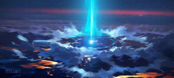 Anime picture 1600x720 with duelyst anton fadeev wide image cloud (clouds) night night sky copyright name glowing evening sunset no people concept art