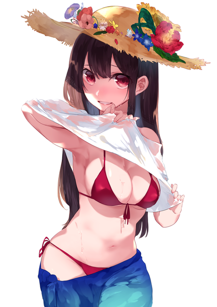 Anime picture 1254x1771 with original miwano rag single long hair tall image looking at viewer blush fringe breasts light erotic simple background smile red eyes brown hair large breasts white background bare shoulders holding blunt bangs :d