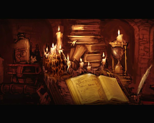 Anime picture 1280x1024 with diablo (game) blizzard entertainment book (books) feather (feathers) fire candle (candles)