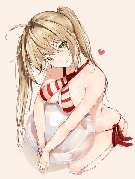 Anime picture 1369x1821 with fate (series) fate/grand order nero claudius (fate) (all) nero claudius (swimsuit caster) (fate) hplay (kyoshinou) single long hair tall image looking at viewer fringe breasts light erotic simple background smile hair between eyes large breasts sitting twintails green eyes cleavage