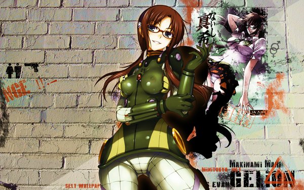 Anime picture 1920x1200 with neon genesis evangelion gainax makinami mari illustrious single long hair highres blue eyes brown hair wide image girl glasses wall pilot suit