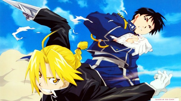 Anime picture 1600x900 with fullmetal alchemist studio bones edward elric roy mustang long hair short hair black hair blonde hair smile wide image yellow eyes sky cloud (clouds) battle boy gloves