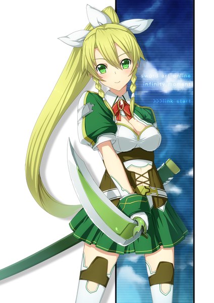 Anime picture 1421x2011 with sword art online a-1 pictures leafa uemukai dai single tall image looking at viewer blonde hair green eyes ponytail braid (braids) very long hair twin braids girl thighhighs skirt weapon miniskirt white thighhighs sword