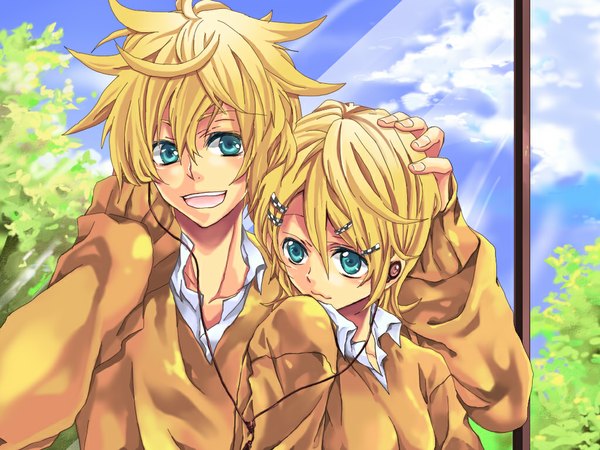 Anime picture 1024x768 with vocaloid kagamine rin kagamine len teito (0w0kuma) short hair blue eyes blonde hair smile siblings twins girl hair ornament hairclip headphones
