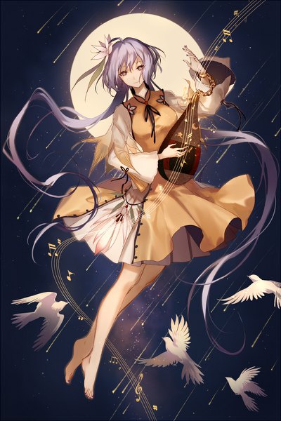 Anime picture 800x1200 with touhou tsukumo benben watash-ki single tall image looking at viewer purple eyes twintails holding purple hair full body ahoge long sleeves very long hair nail polish pleated skirt barefoot hair flower night wide sleeves