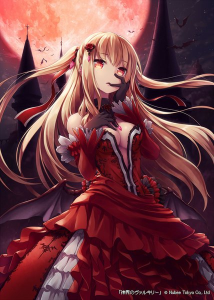 Anime picture 571x800 with shinkai no valkyrie vampire victoria (shinkai no valkyrie) akkijin single tall image breasts light erotic blonde hair red eyes sky cleavage hair flower night two side up night sky hand on face low wings red moon girl dress