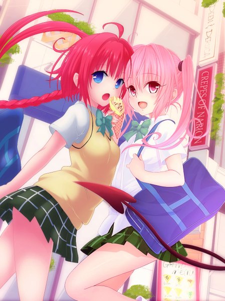 Anime picture 996x1330 with toloveru toloveru darkness xebec nana asta deviluke kurosaki mea eltk long hair tall image looking at viewer breasts open mouth standing twintails multiple girls looking away pink hair red hair tail braid (braids) pleated skirt