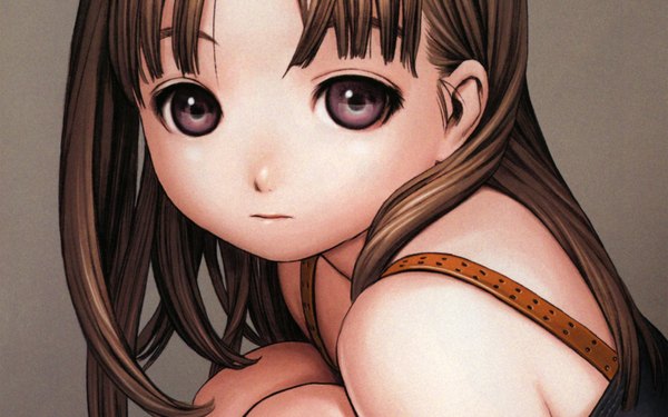 Anime picture 1920x1201 with range murata single long hair looking at viewer highres brown hair wide image bare shoulders brown eyes grey background loli cropped girl hair ornament hair tie hair bobbles