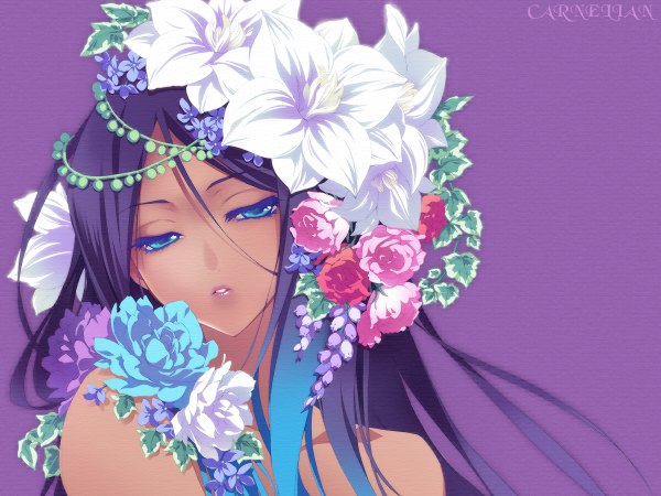 Anime picture 1200x900 with vocaloid merli (vocaloid) carnelian single long hair fringe blue eyes simple background bare shoulders purple hair hair flower lips dark skin purple background girl hair ornament flower (flowers)