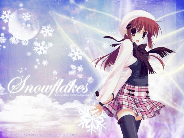 Anime picture 1024x768 with da capo shirakawa kotori nanao naru single long hair looking at viewer blush fringe open mouth brown hair standing brown eyes sky cloud (clouds) long sleeves wind plaid skirt happy winter insect wings