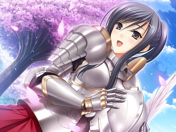 Anime picture 1024x768 with walkure romanze long hair open mouth black hair game cg cloud (clouds) ponytail black eyes cherry blossoms girl plant (plants) petals tree (trees) armor spaulder (spaulders)