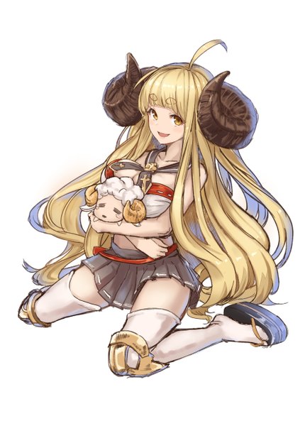 Anime picture 1748x2480 with granblue fantasy anila (granblue fantasy) ato (haru ato) single long hair tall image looking at viewer fringe highres breasts light erotic blonde hair smile large breasts sitting yellow eyes ahoge horn (horns) hug wariza