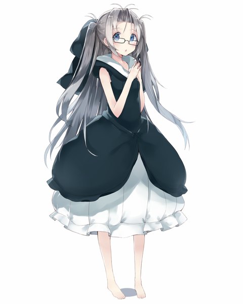 Anime picture 800x1000 with robotics;notes production i.g airi (robotics;notes) kou mashiro single long hair tall image looking at viewer blush blue eyes simple background white background barefoot grey hair two side up hands clasped bespectacled girl dress bow