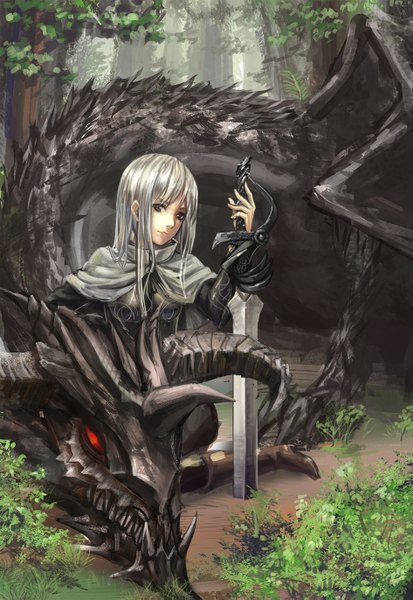 Anime picture 945x1371 with original infukun single long hair tall image looking at viewer red eyes sitting silver hair horn (horns) light smile black eyes girl weapon plant (plants) sword tree (trees) boots armor cape