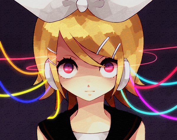 Anime picture 1900x1500 with vocaloid kagamine rin mo nako single highres short hair simple background blonde hair glowing glowing eye (eyes) multicolored eyes girl hair ornament bow ribbon (ribbons) hair bow hair ribbon headphones bobby pin wire (wires)