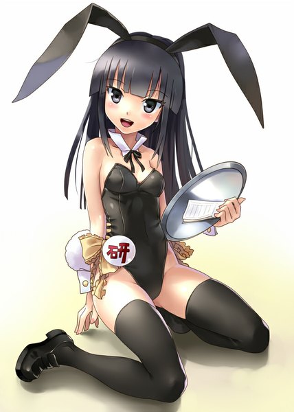 Anime picture 642x900 with original katahira masashi single long hair tall image looking at viewer blush open mouth light erotic black hair simple background bare shoulders animal ears tail animal tail black eyes bunny ears kneeling fake animal ears bunny girl