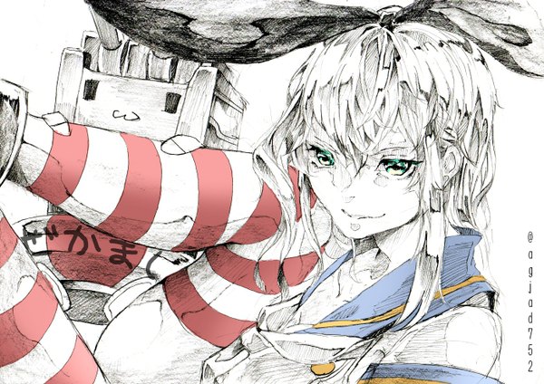 Anime picture 1396x988 with kantai collection shimakaze destroyer agjad752 looking at viewer fringe blue eyes simple background smile white background monochrome close-up girl thighhighs striped thighhighs sailor suit robot
