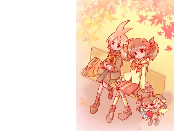 Anime picture 1600x1200 with original highres ahoge wallpaper chibi autumn uniform ribbon (ribbons) hair ribbon school uniform serafuku leaf (leaves) oiyoiyo