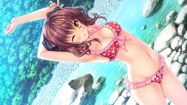 Anime picture 1280x720 with natsu no iro no nostalgia moonstone orikuchi miu yamakaze ran single looking at viewer blush fringe short hair breasts open mouth brown hair wide image standing yellow eyes game cg one eye closed arm up fingernails bare belly