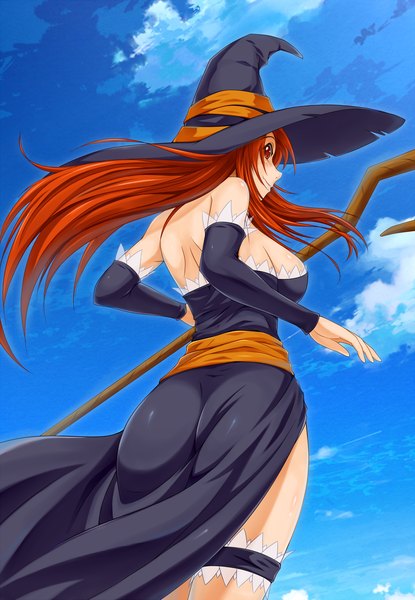 Anime picture 1384x2000 with dragon's crown vanillaware sorceress (dragon's crown) midnight (artist) single long hair tall image red eyes cloud (clouds) looking back from behind orange hair witch girl witch hat staff