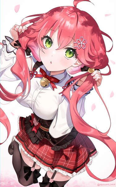 Anime picture 990x1584 with virtual youtuber hololive sakura miko sakura miko (casual) hatsuno xxx single long hair tall image fringe hair between eyes twintails green eyes pink hair ahoge pleated skirt from above low twintails official alternate costume bell collar holding hair