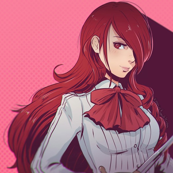 Anime picture 1024x1024 with persona 4 persona kirijou mitsuru koyoriin single long hair looking at viewer blush fringe breasts smile red eyes holding signed upper body ahoge red hair lips hair over one eye shadow