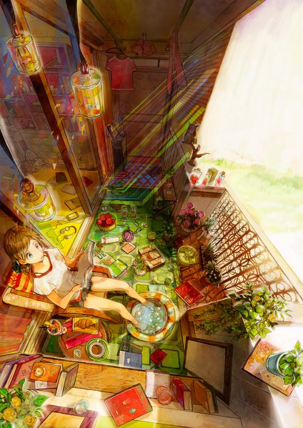 Anime picture 1300x1838 with original neyagi tall image short hair blue eyes brown hair sitting barefoot sunlight detailed girl flower (flowers) plant (plants) animal food shoes headphones bird (birds) book (books) t-shirt