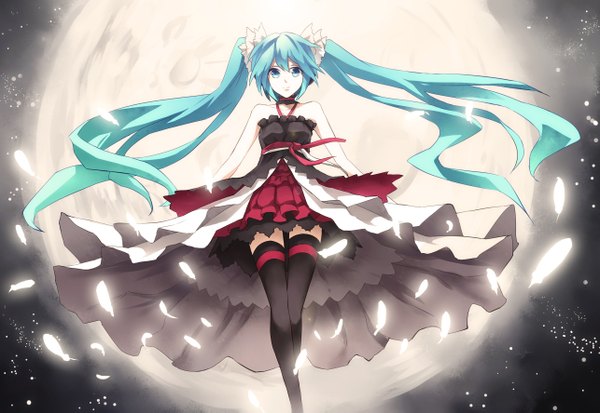Anime picture 2570x1773 with 7th dragon vocaloid hatsune miku rain (icetuofei) single looking at viewer highres twintails bare shoulders very long hair aqua eyes aqua hair girl dress feather (feathers)