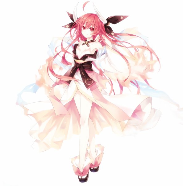 Anime picture 1280x1297 with date a live itsuka kotori tsunako single tall image looking at viewer fringe simple background hair between eyes red eyes standing white background bare shoulders full body red hair very long hair traditional clothes japanese clothes horn (horns) off shoulder