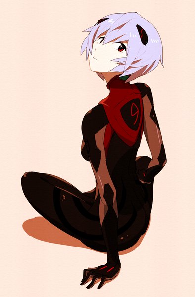 Anime picture 1003x1525 with neon genesis evangelion gainax ayanami rei onioohashi toco toucan single tall image looking at viewer short hair simple background red eyes sitting purple hair shadow girl bodysuit pilot suit