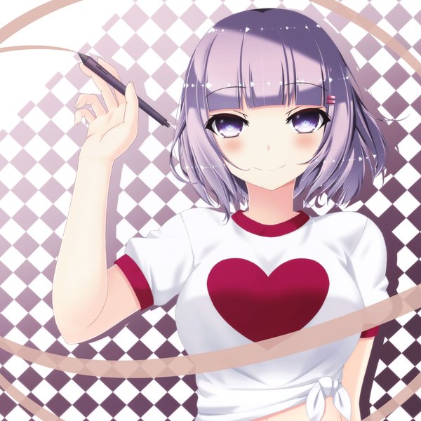 Anime picture 2000x2000 with original a1q2sw single looking at viewer blush highres short hair smile purple eyes purple hair heart print girl heart pen