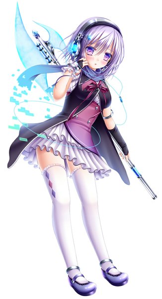 Anime picture 600x1102 with original shitou single tall image looking at viewer blush short hair simple background white background purple eyes silver hair zettai ryouiki girl thighhighs dress skirt weapon white thighhighs frills headphones