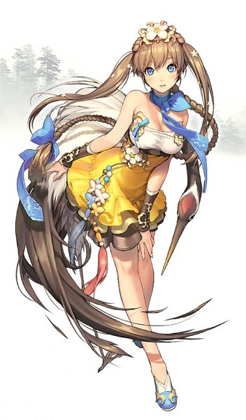 Anime picture 529x900 with million arthur (series) kaku-san-sei million arthur original square enix chunhyang kkuem long hair tall image looking at viewer blush fringe breasts blue eyes brown hair large breasts standing twintails bare shoulders cleavage braid (braids)