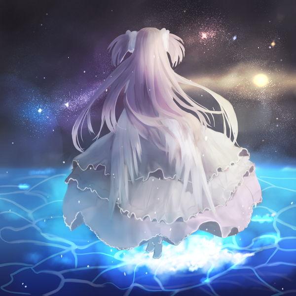 Anime picture 1280x1280 with mahou shoujo madoka magica shaft (studio) kaname madoka goddess madoka melsy single long hair looking away pink hair from behind two side up angel wings space spoilers constellation girl dress hair ornament bow hair bow