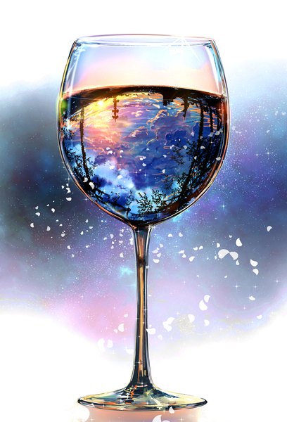 Anime picture 716x1052 with original byakuya reki tall image sky cloud (clouds) sunlight lens flare evening reflection sunset no people nature plant (plants) petals tree (trees) water star (stars) sun wine glass