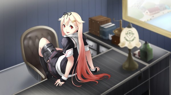 Anime picture 1500x840 with kantai collection yuudachi destroyer ojiyaaa single long hair blonde hair red eyes wide image sitting pink hair red hair multicolored hair from behind blurry gradient hair remodel (kantai collection) office girl skirt gloves