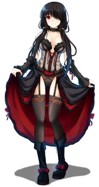 Anime picture 900x1689 with date a live tokisaki kurumi gayprince single long hair tall image fringe light erotic black hair simple background red eyes white background twintails hair over one eye low twintails girl thighhighs dress underwear panties