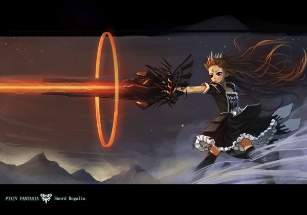 Anime picture 2000x1400 with original pixiv fantasia pixiv fantasia sword regalia single long hair highres brown hair standing brown eyes mountain weightlessness firing girl thighhighs dress hair ornament weapon boots crown huge weapon